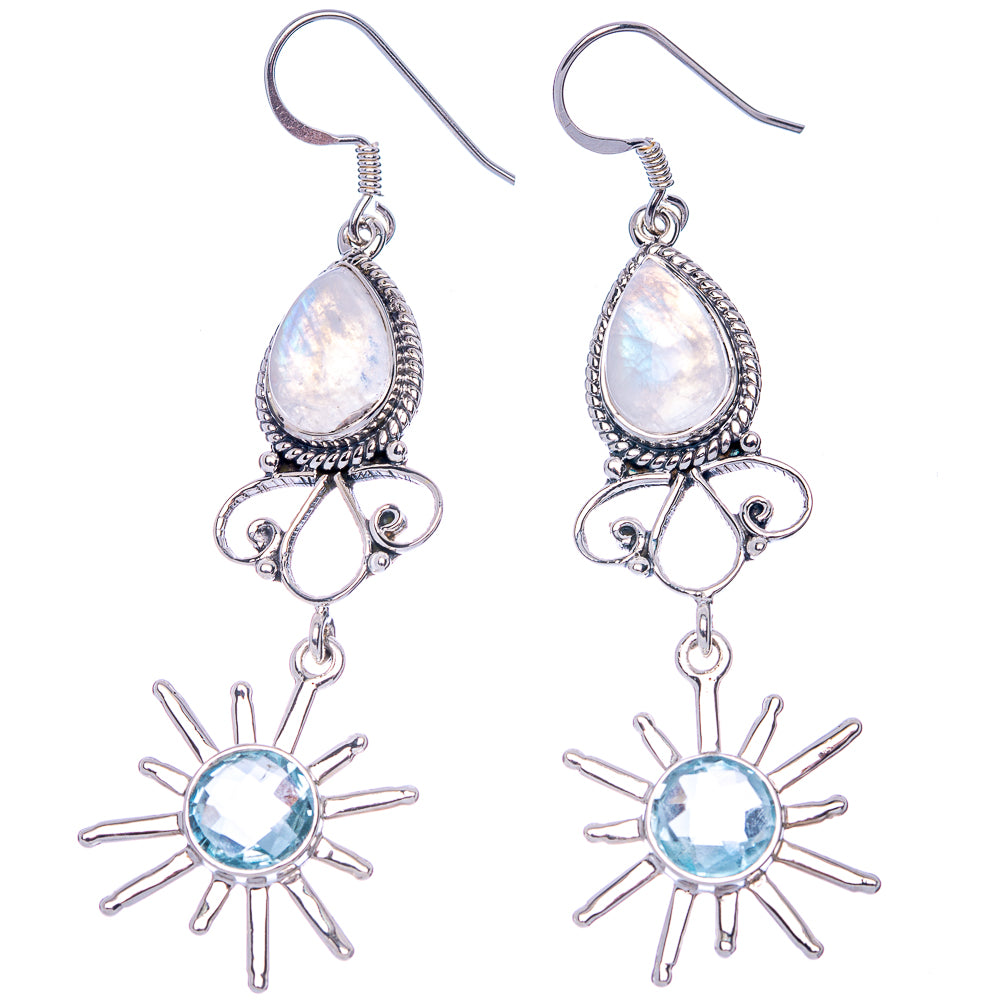 Signature Rainbow Moonstone, Blue Topaz Earrings 2 5/8" (925 Sterling Silver) E1083