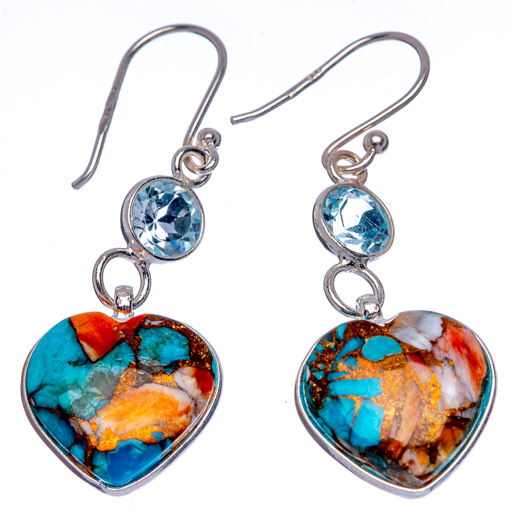 Spiny Oyster Turquoise, Blue Topaz Earrings 1 5/8' (925 Sterling Silver) E433310