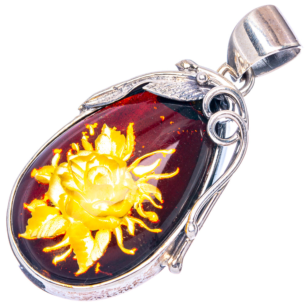 Amber Intaglio Rose Pendant 1 5/8" (925 Sterling Silver) P42552