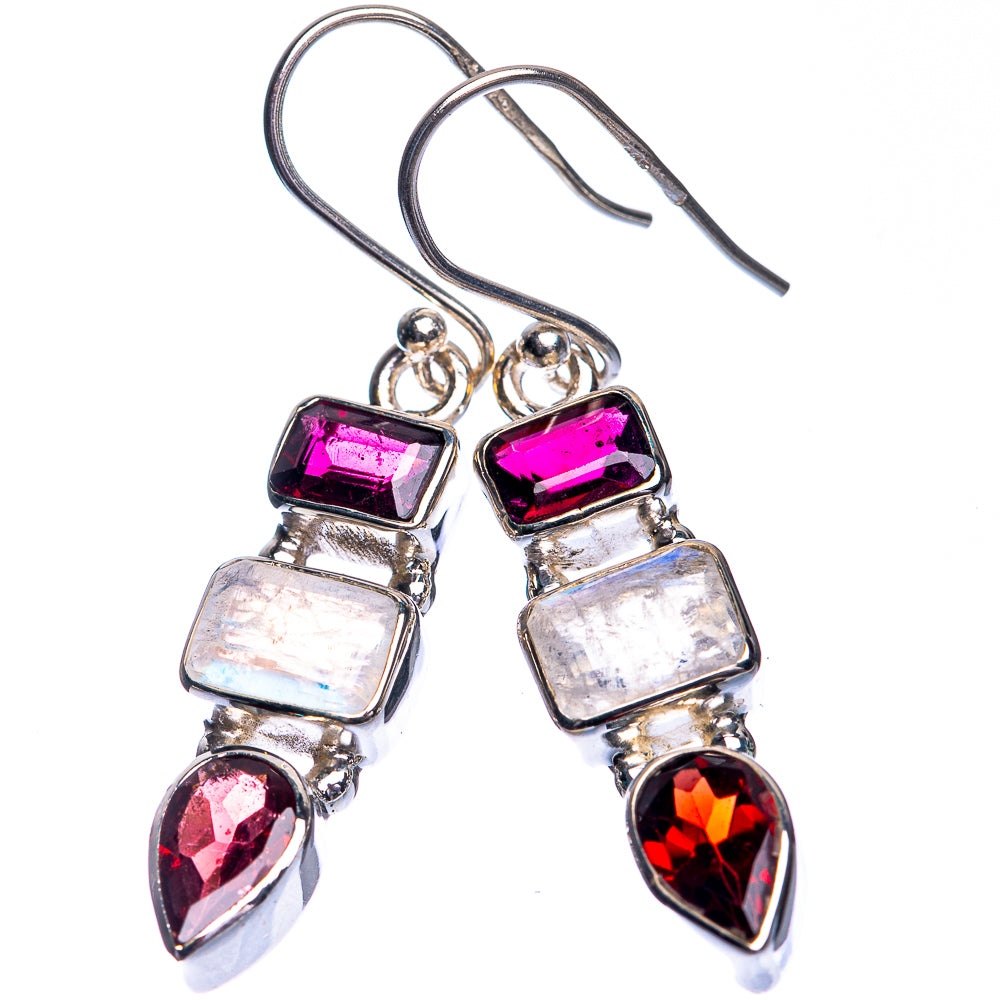Rainbow Moonstone, Garnet Earrings 1 5/8" (925 Sterling Silver) E432750
