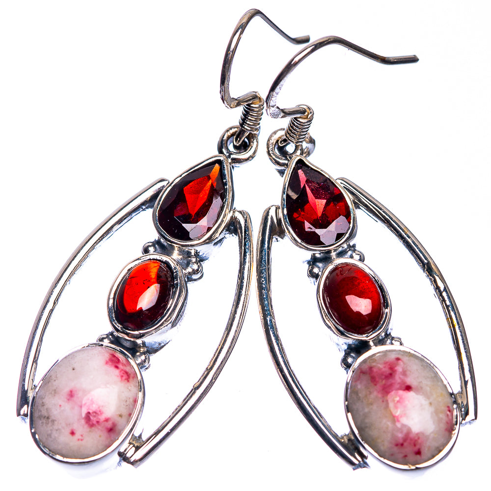 Thulite, Garnet Earrings 1 3/4" (925 Sterling Silver) E432643