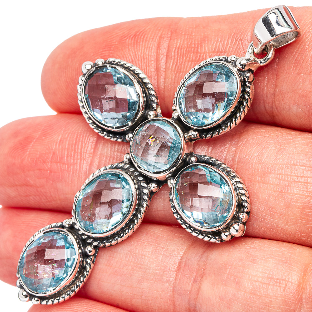 Signature Blue Topaz Cross Pendant 2 3/8" (.925 Sterling Silver)