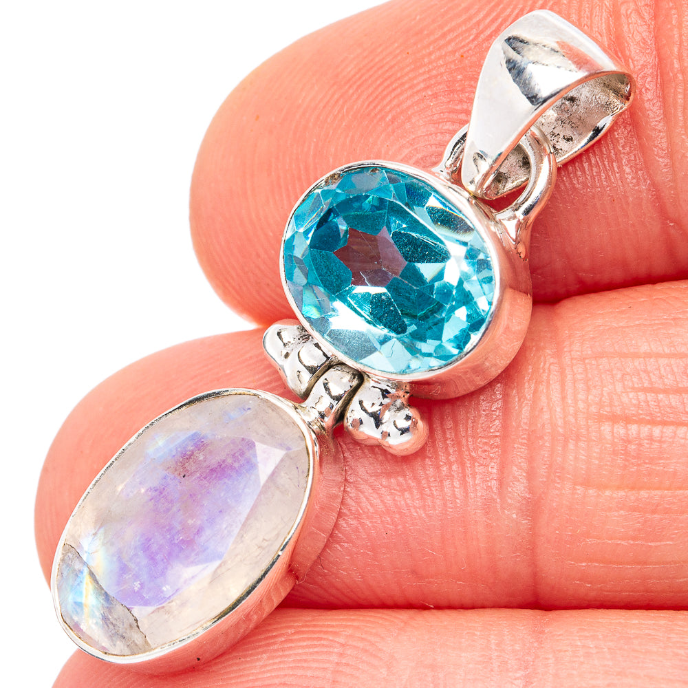 Faceted Rainbow Moonstone , Blue Topaz Pendant 1 3/8" (.925 Sterling Silver)