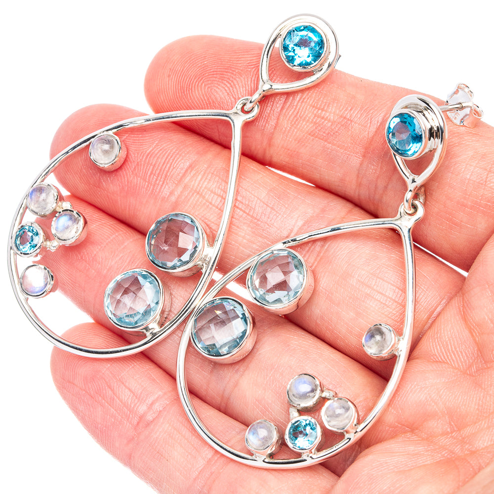 Signature Blue Topaz, Rainbow Moonstone Earrings 2 3/8" (925 Sterling Silver) E1357