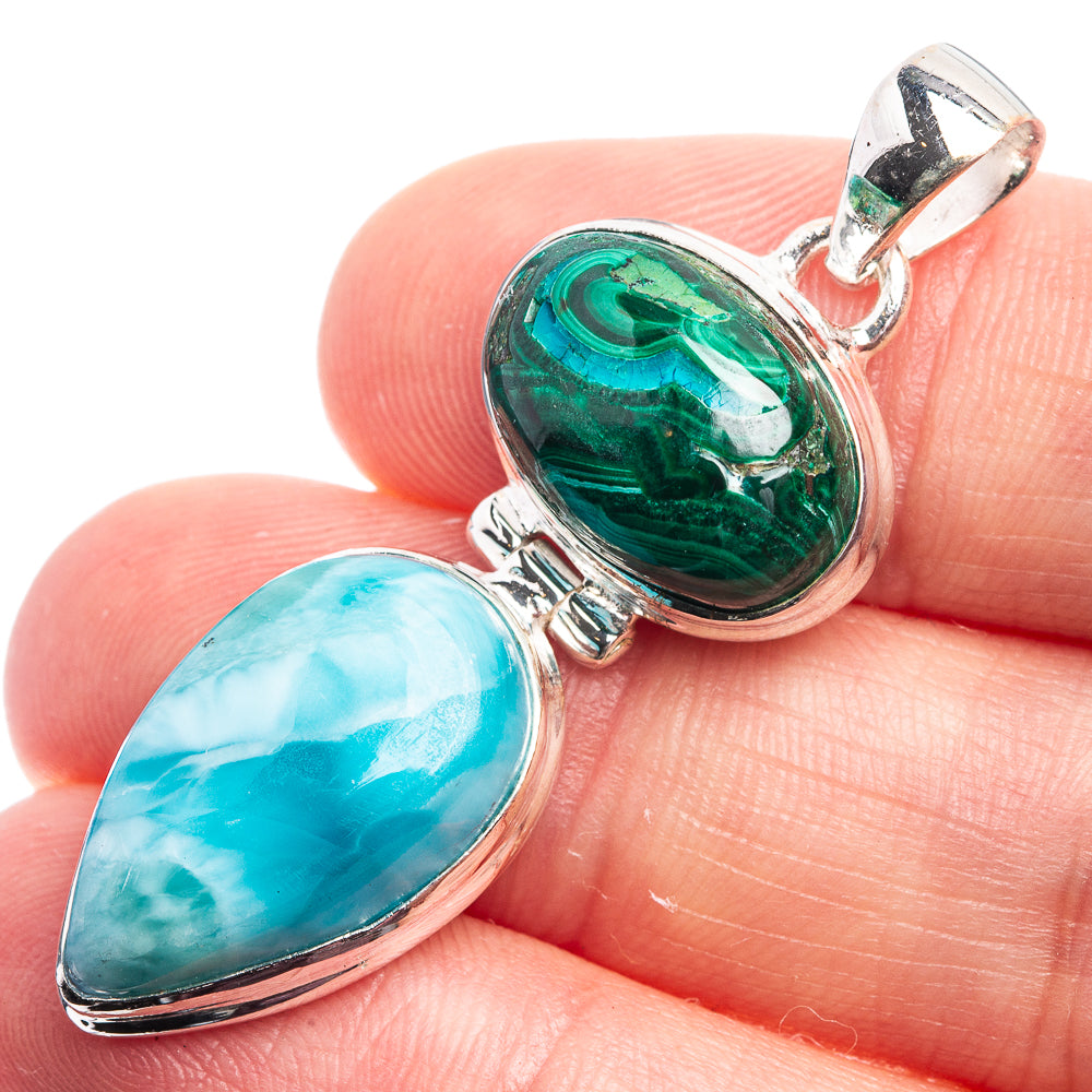 Larimar, Malachite In Chrysocolla Pendant 1 3/4" (925 Sterling Silver) P38969