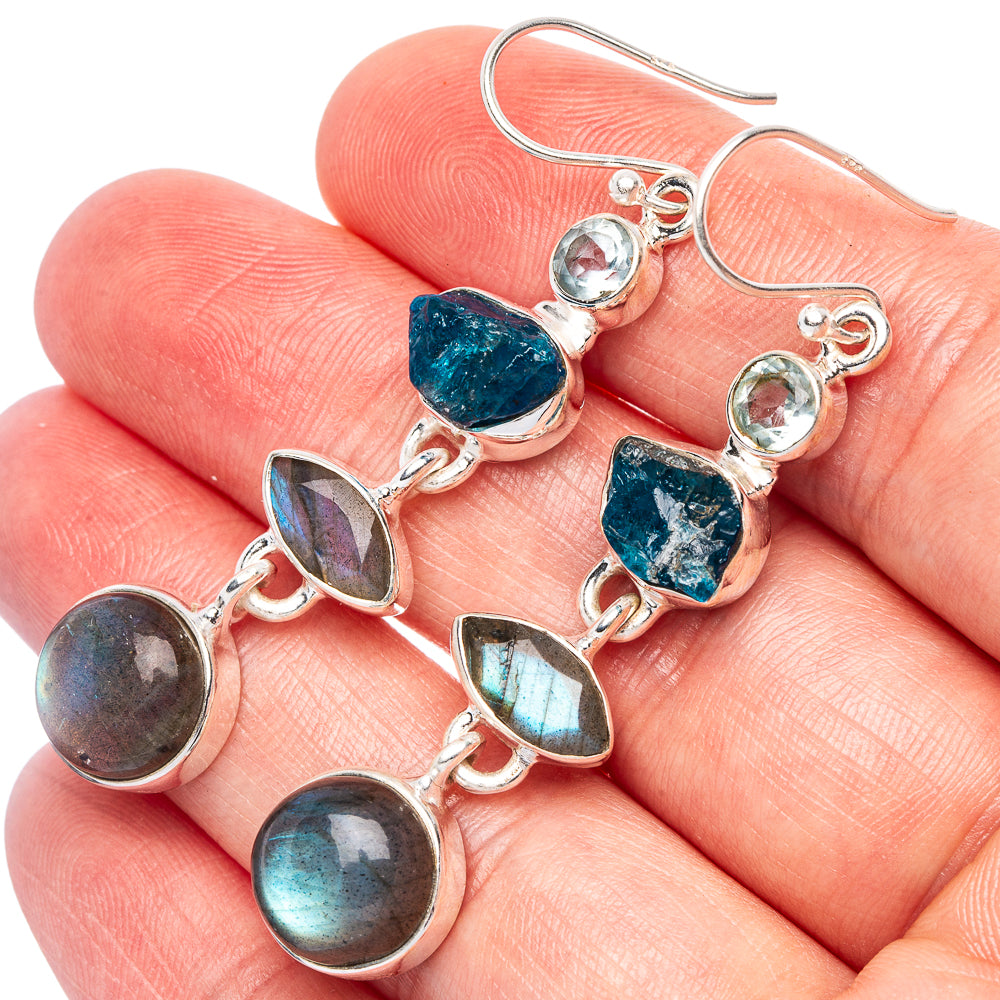 Premium Labradorite, Apatite, Blue Topaz Earrings 2 1/4" (925 Sterling Silver) E1775