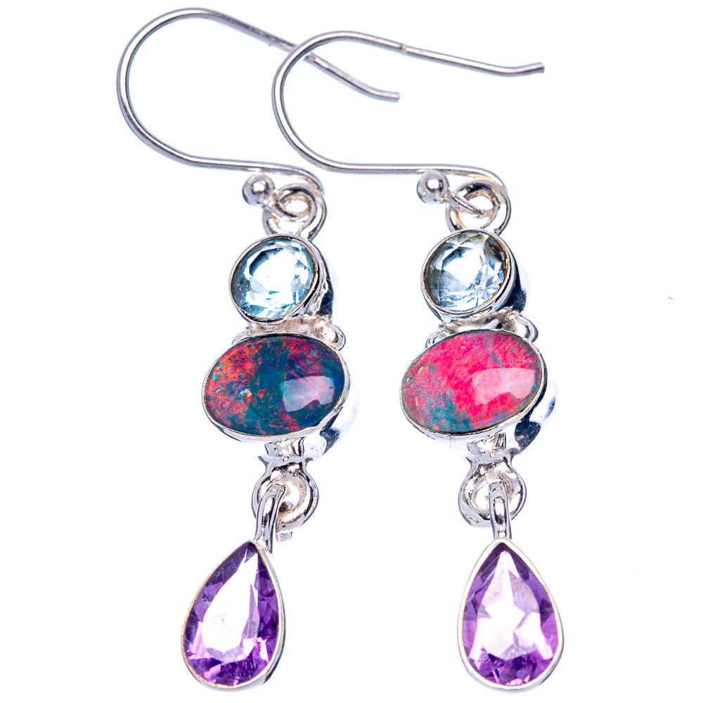 Rare Triple Opal, Amethyst, Blue Topaz Earrings 1 3/4" (925 Sterling Silver) E1518