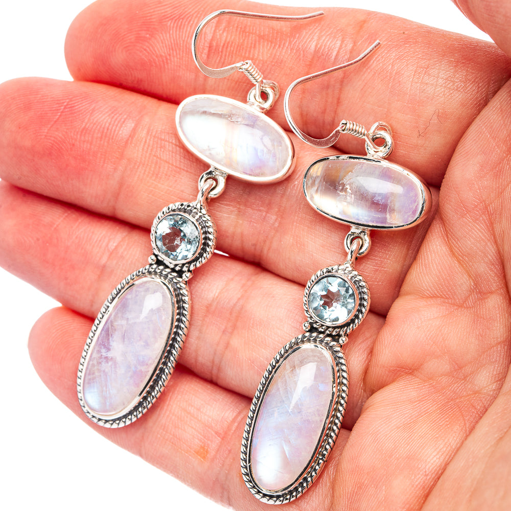 Signature Rainbow Moonstone, Blue Topaz Earrings 2 1/2" (.925 Sterling Silver)