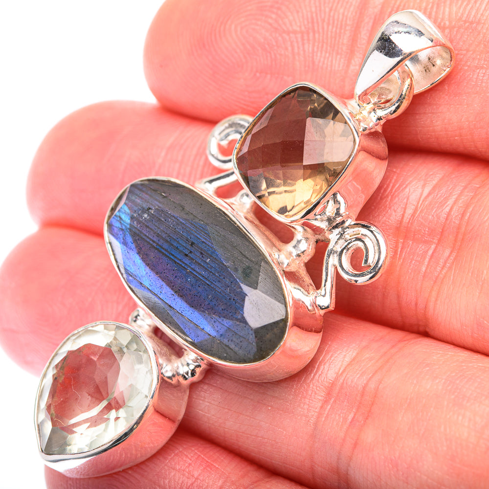 Labradorite, Green Amethyst, Smoky Quartz Pendant 2" (925 Sterling Silver) PD38590