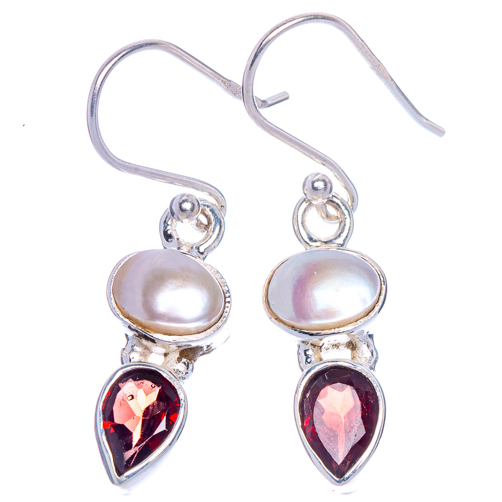 Cultured Pearl, Garnet Earrings 1 3/8" (925 Sterling Silver) E1026