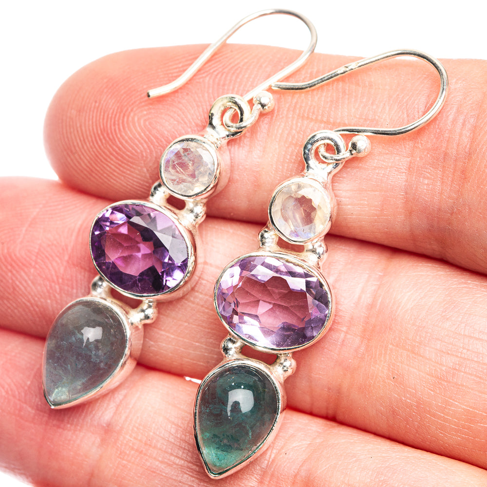 Aquamarine, Amethyst, Rainbow Moonstone Earrings 1 3/4" (925 Sterling Silver) E432620