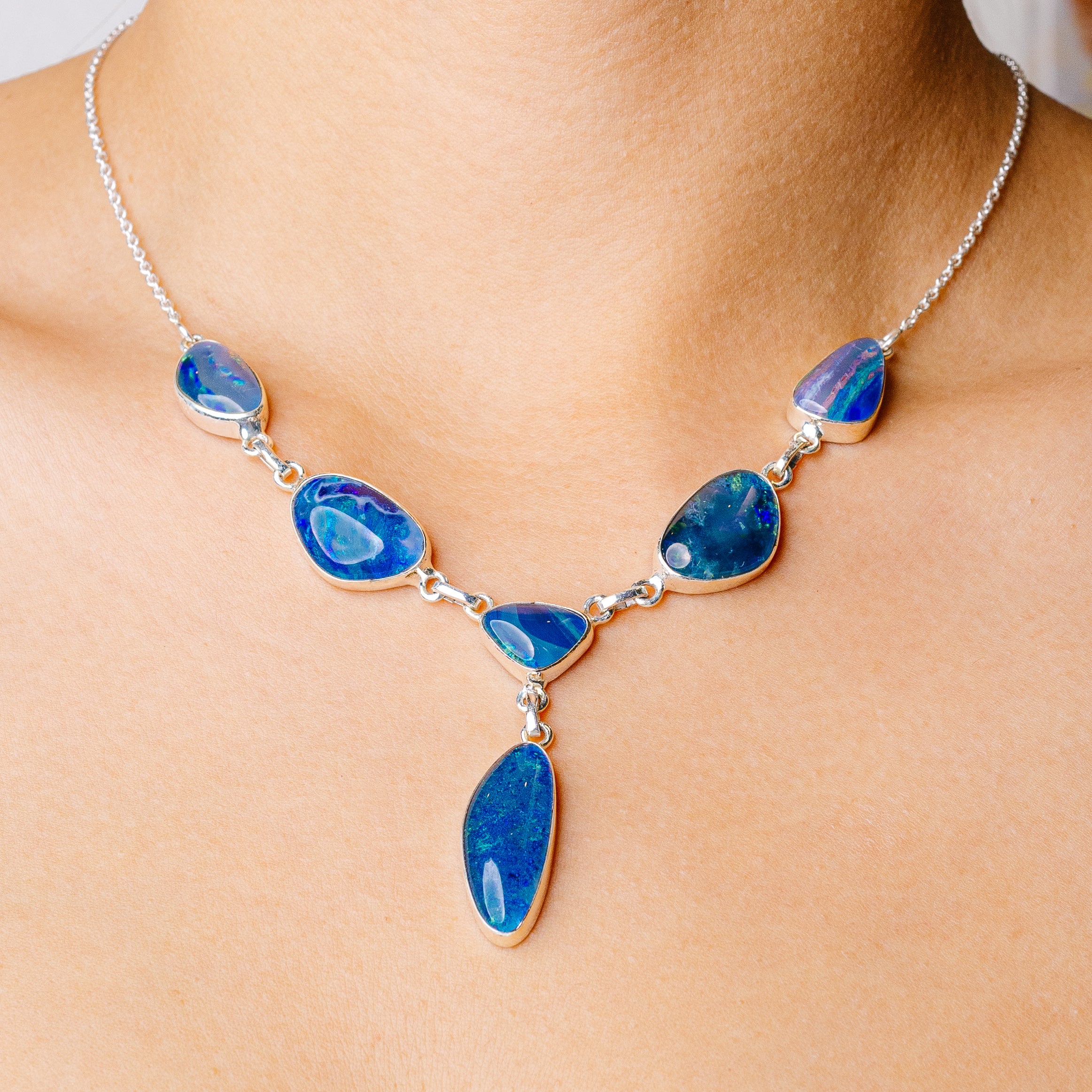 Triplet Opal Necklace 19 5/8 To 21 1/4" (925 Sterling Silver) N90274