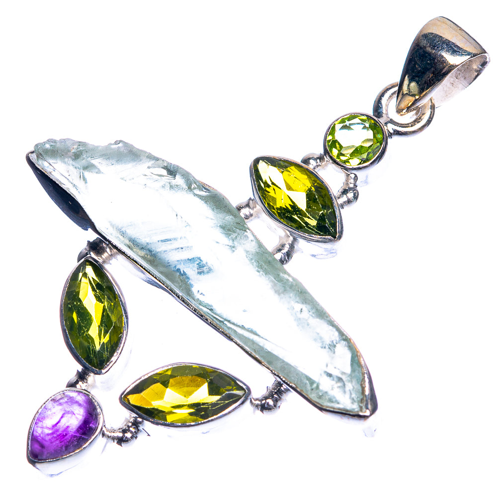 Rough Aquamarine, Peridot, Amethyst 925 Sterling Silver Pendant 2 1/8"
