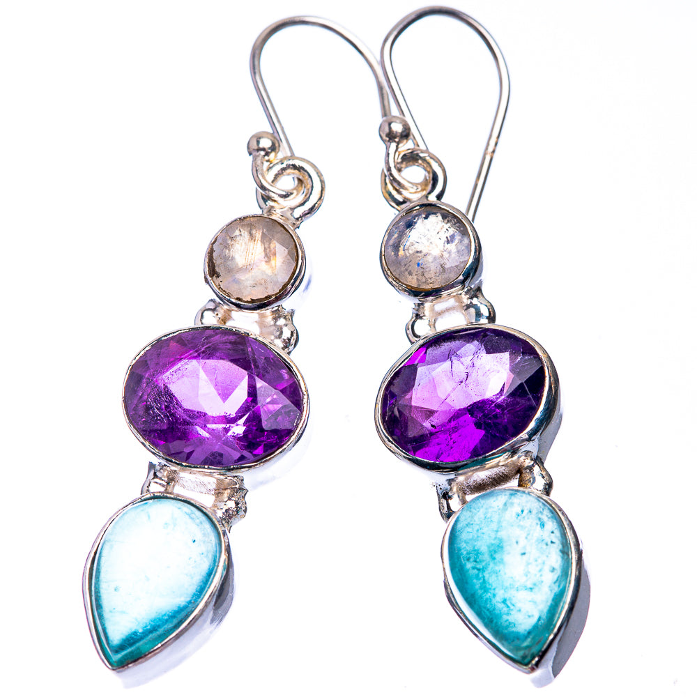 Aquamarine, Brazilian Brazilian Amethyst, Rainbow Moonstone Earrings 1 3/4" (925 Sterling Silver) E432444