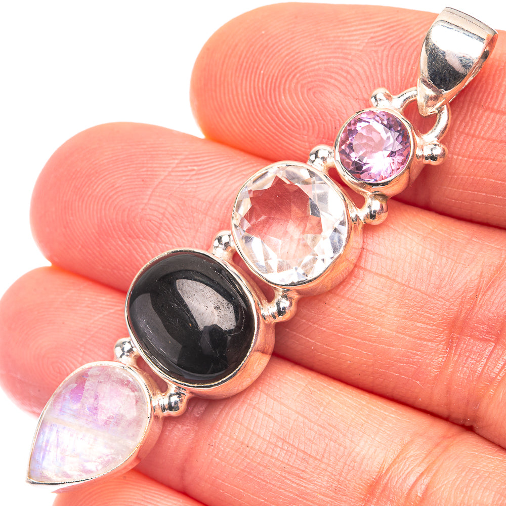 Rainbow Moonstone, Black Onyx, White Quartz, Amethyst Pendant 2 1/8" (925 Sterling Silver) P38701