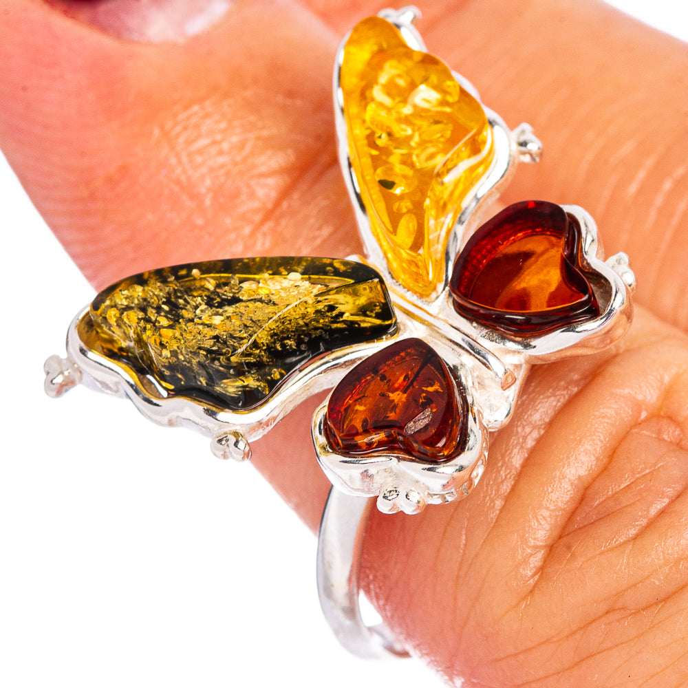 Baltic Amber Butterfly Ring Size 7 Adjustable (.925 Sterling Silver)