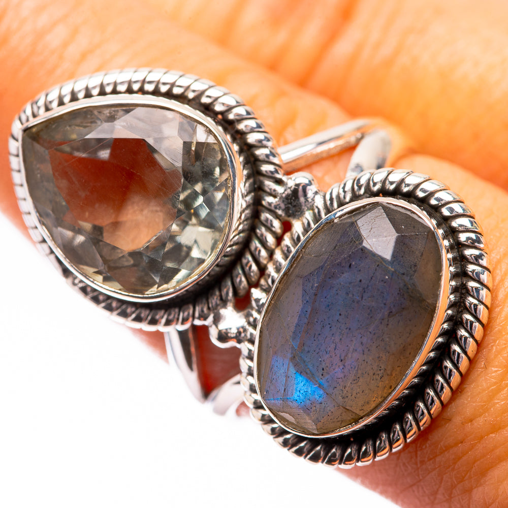 Large Labradorite, White Quartz Ring Size 7.5 (925 Sterling Silver) R140646