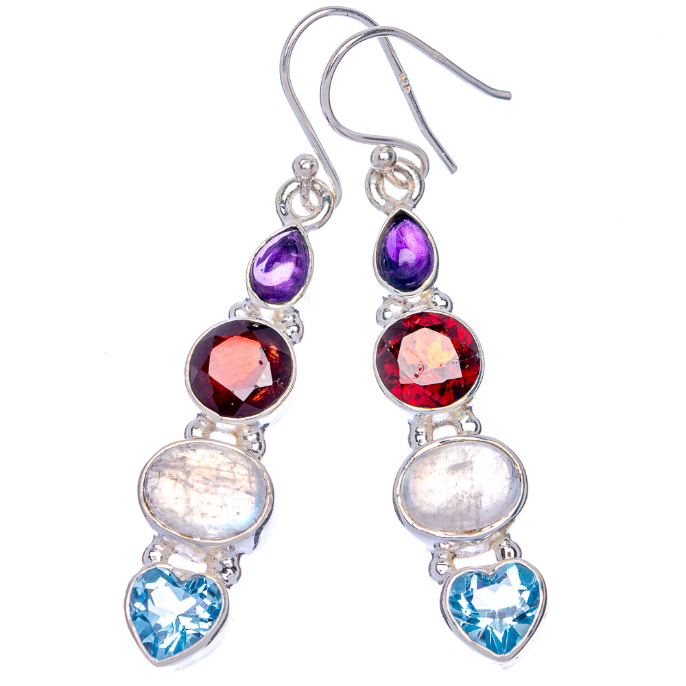 Rainbow Moonstone, Garnet, Amethyst, Blue Topaz Earrings 2" (925 Sterling Silver) E433121