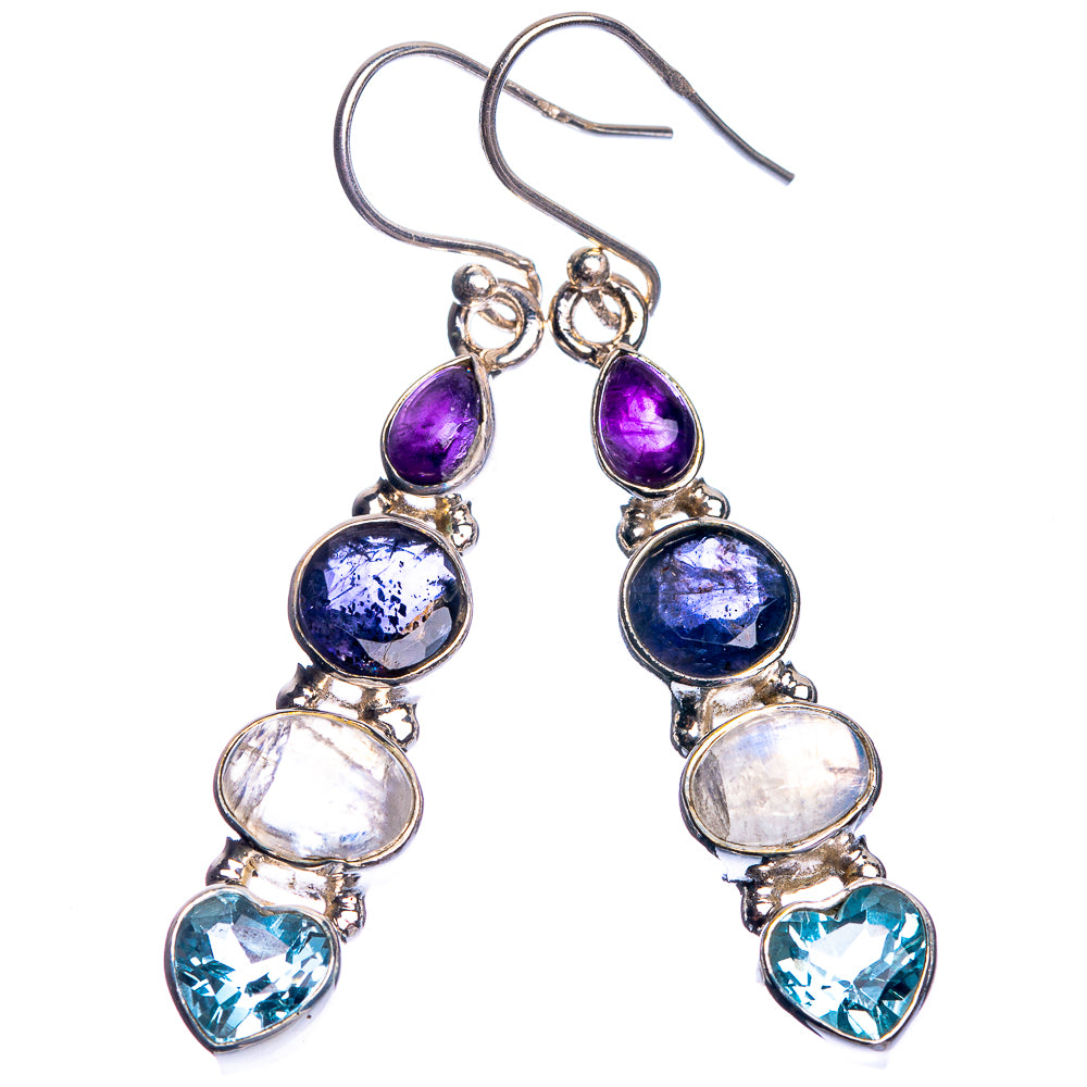 Rainbow Moonstone, Tanzanite, Blue Topaz, Amethyst 925 Sterling Silver Earrings 1 7/8"