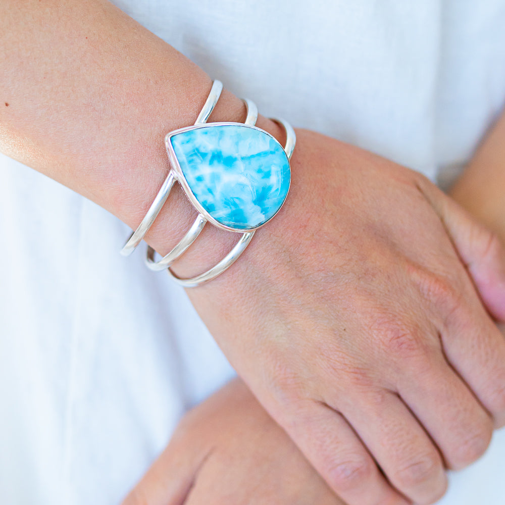 Larimar 925 Sterling Silver Cuff Bracelet Adjustable