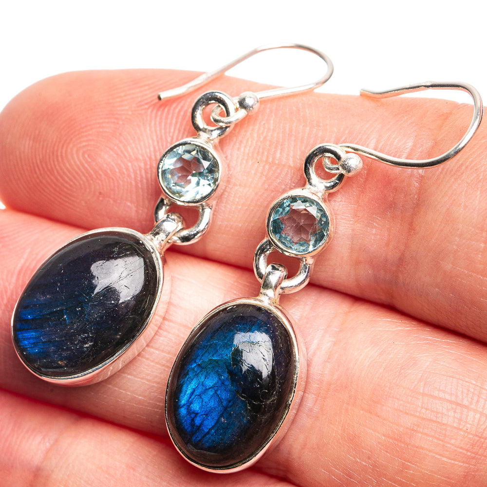 Labradorite, Blue Topaz Earrings 1 5/8" (925 Sterling Silver) E432786