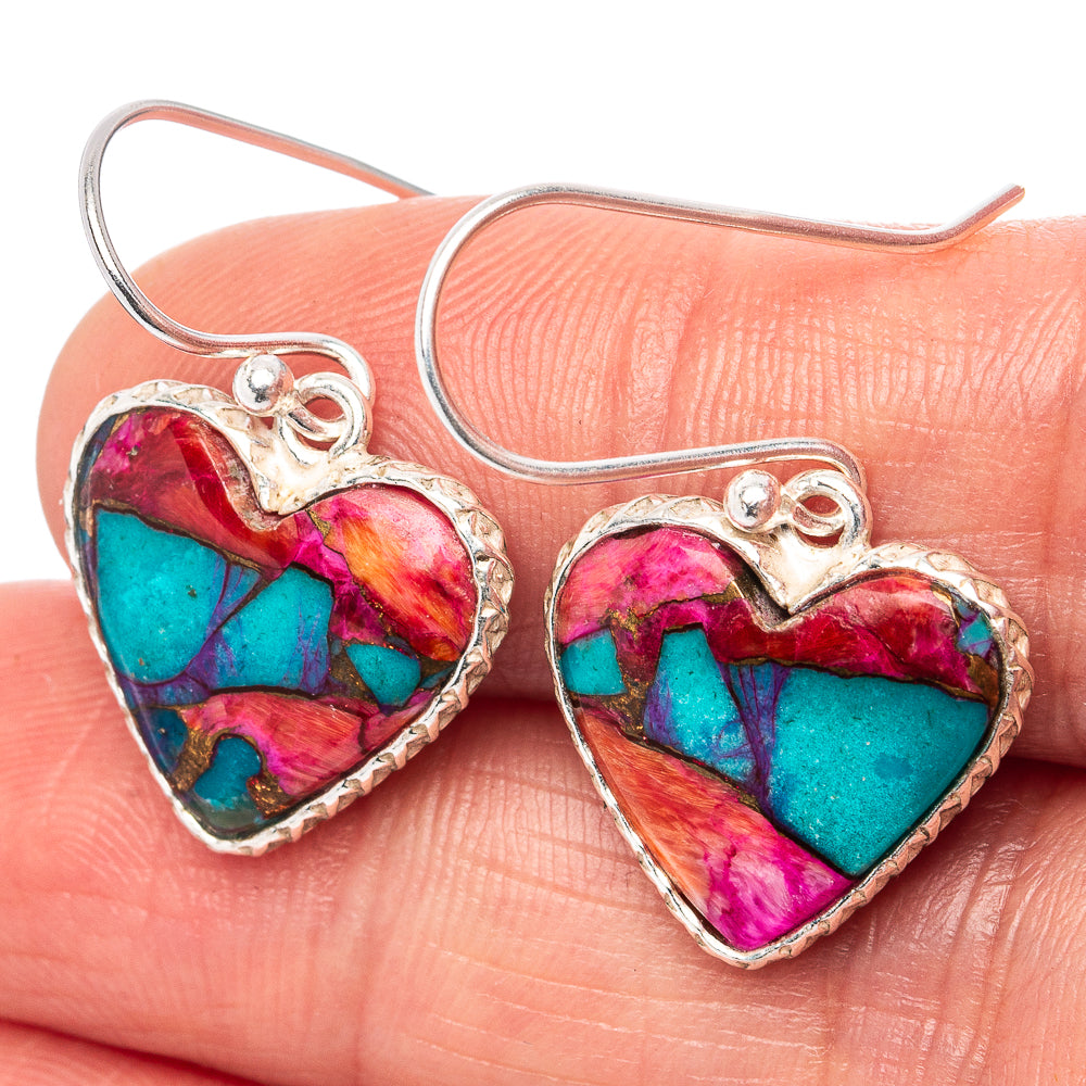 Pink Dahlia Mohave Turquoise Heart Earrings 1 1/8" (.925 Sterling Silver)