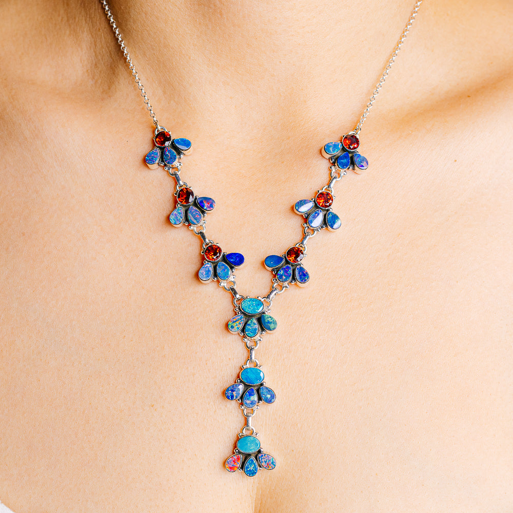 Doublet Opal, Garnet Necklace 18 to 20" (.925 Sterling Silver)