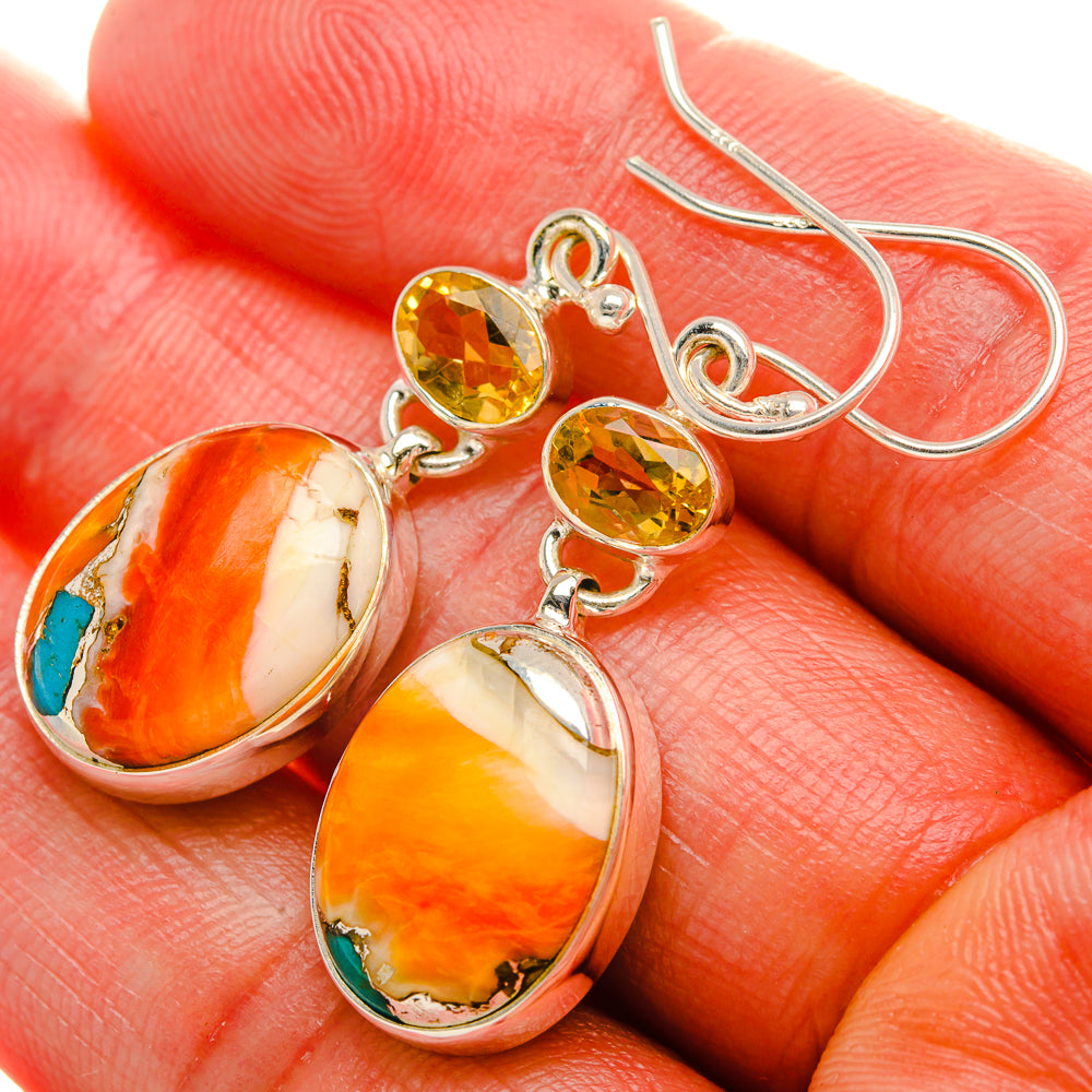 Spiny Oyster Turquoise, Citrine Earrings 1 3/4" (925 Sterling Silver) EARR432001