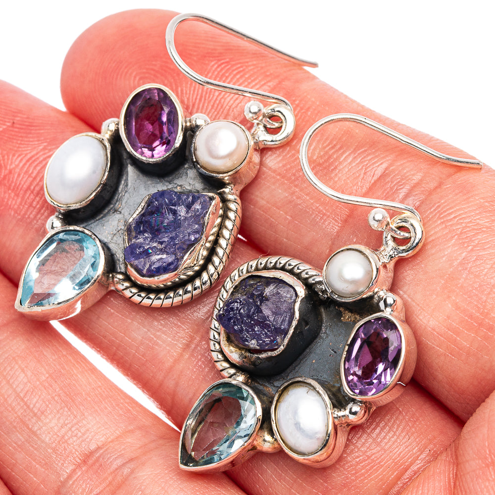 Premium Rough Tanzanite, Blue Topaz, Amethyst, Cultured Pearl Earrings 1 5/8" (925 Sterling Silver) E1686