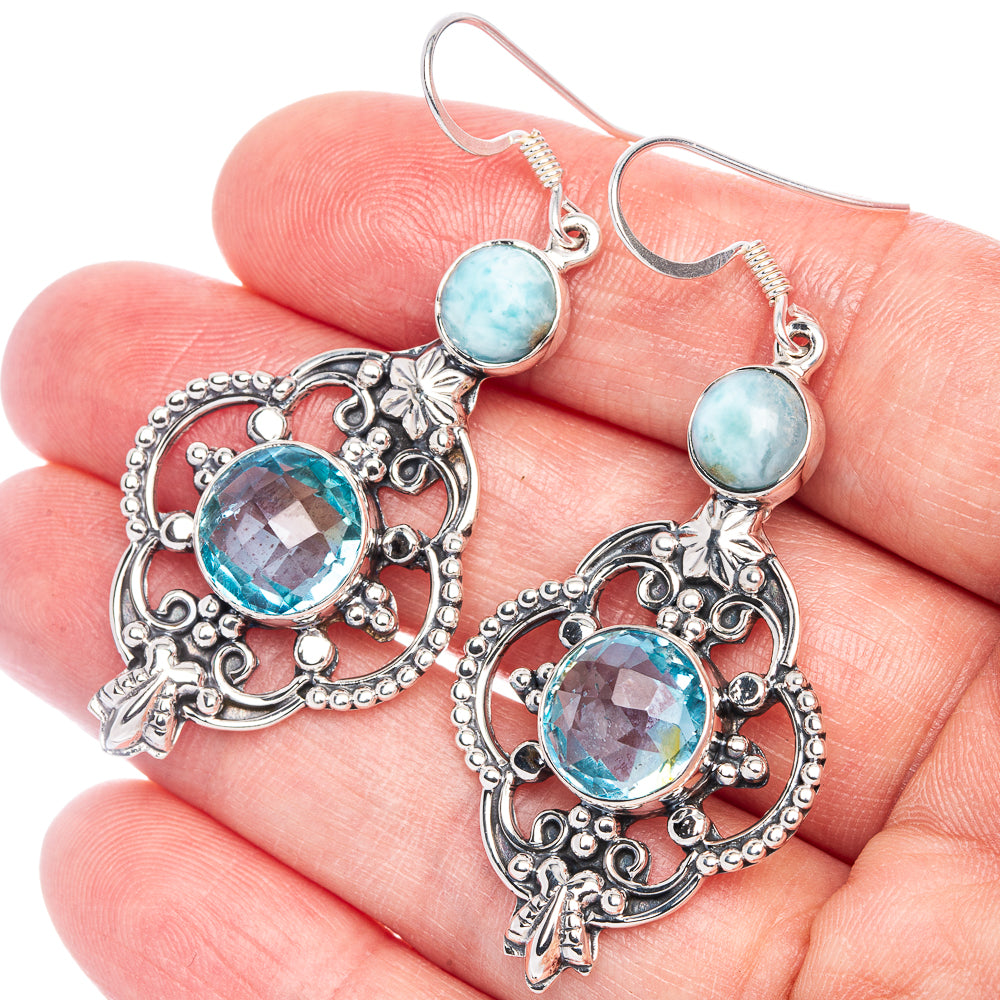 Signature Blue Topaz, Larimar Earrings 2 1/4" (925 Sterling Silver) E1078