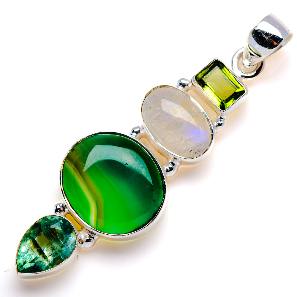 Green Onyx, Rainbow Moonstone, Aquamarine, Peridot Pendant 2 1/4" (925 Sterling Silver) PD38008