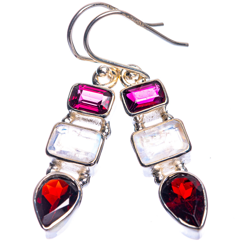 Rainbow Moonstone, Garnet Earrings 1 5/8" (925 Sterling Silver) E432781