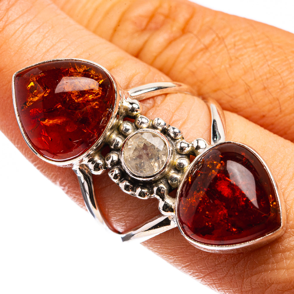 Large Baltic Amber, Rainbow Moonstone Ring Size 7.5 (925 Sterling Silver) R142904