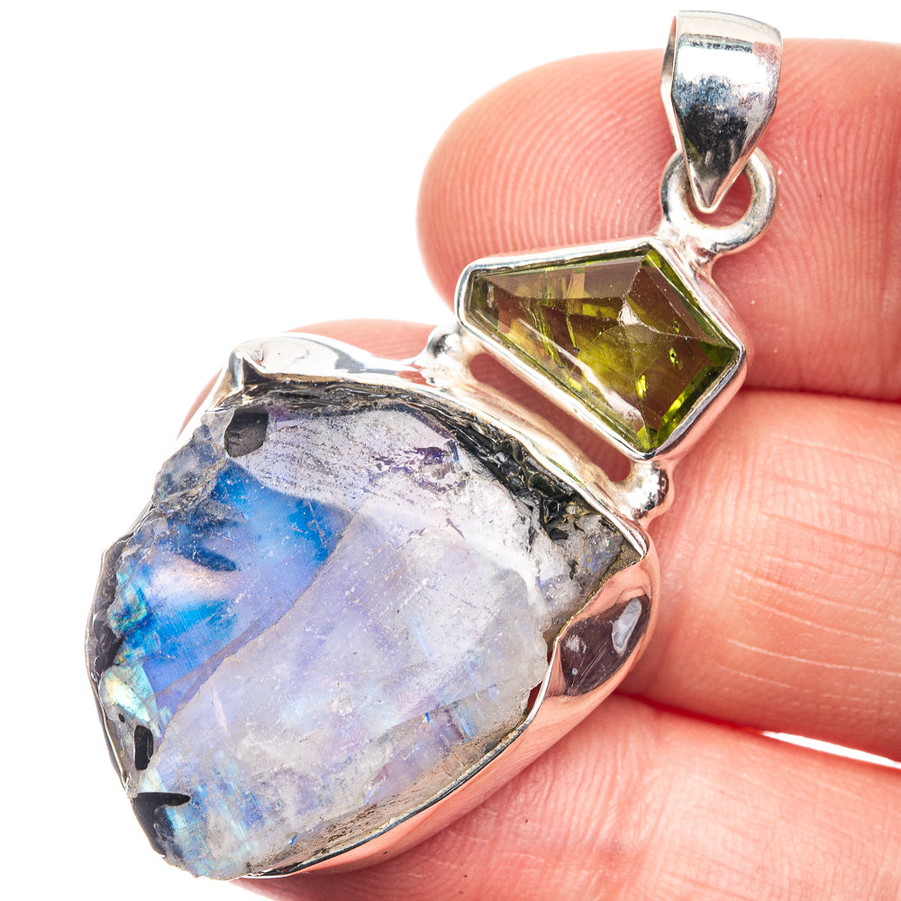 Raw Rainbow Moonstone, Peridot Pendant 1 3/4" (925 Sterling Silver) P39208
