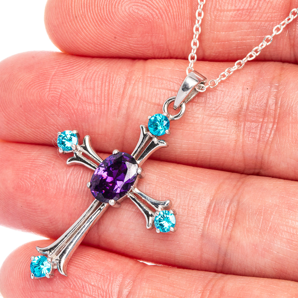 Faceted Amethyst, Blue Topaz Cross Necklace 18" (925 Sterling Silver) N90071