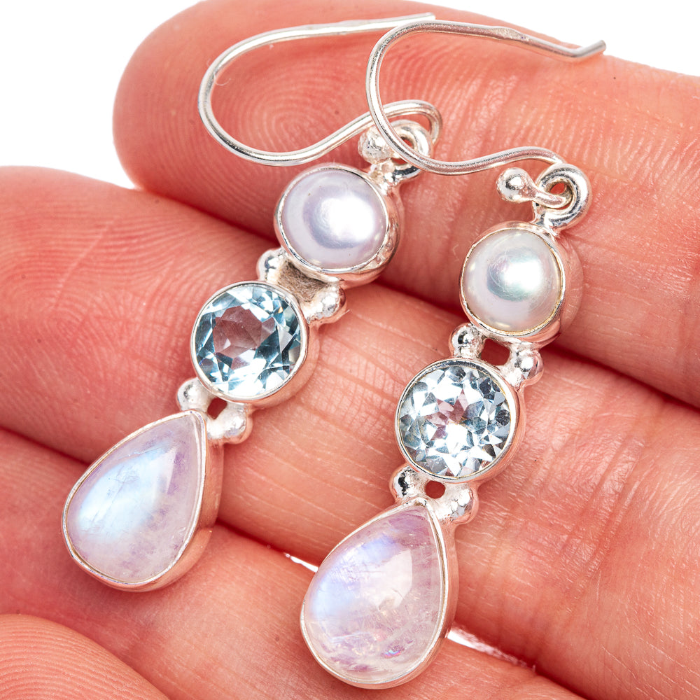 Rainbow Moonstone, Blue Topaz, Cultured Pearl Earrings 1 5/8" (925 Sterling Silver) E433532