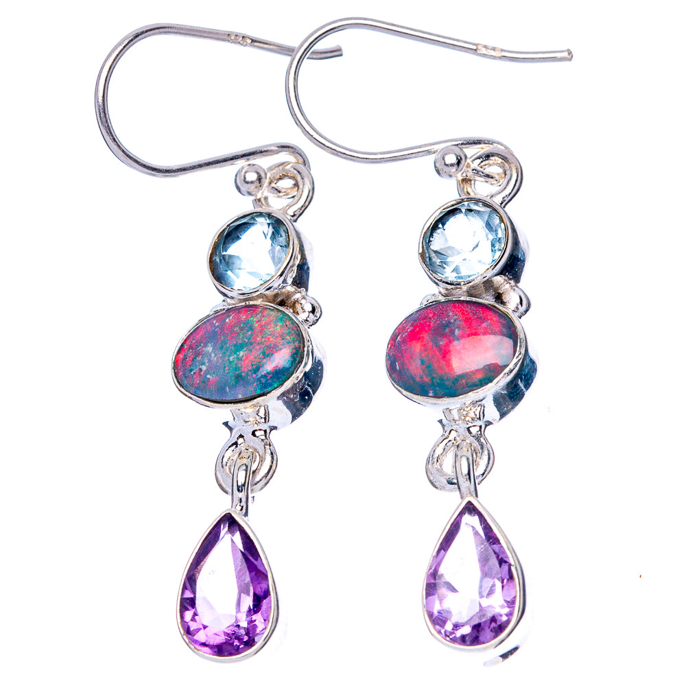 Rare Ethiopian Opal, Amethyst, Blue Topaz Earrings 1 5/8" (925 Sterling Silver) E1541