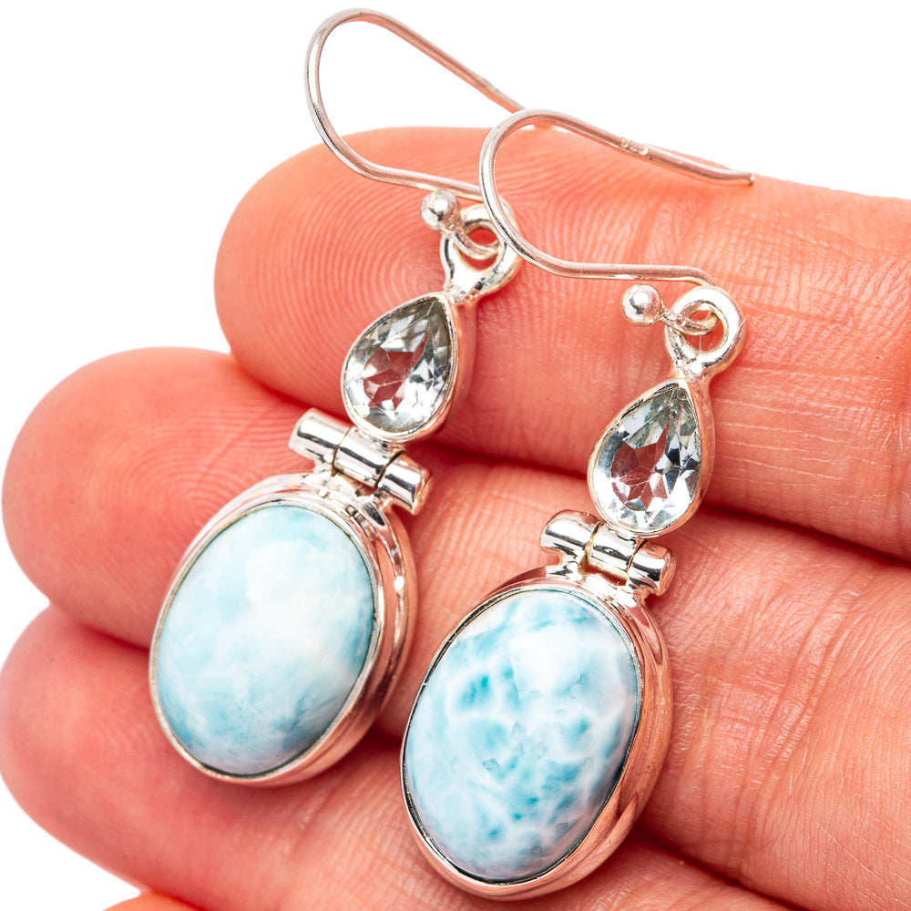 Rare Larimar, Blue Topaz Earrings 1 5/8" (.925 Sterling Silver)