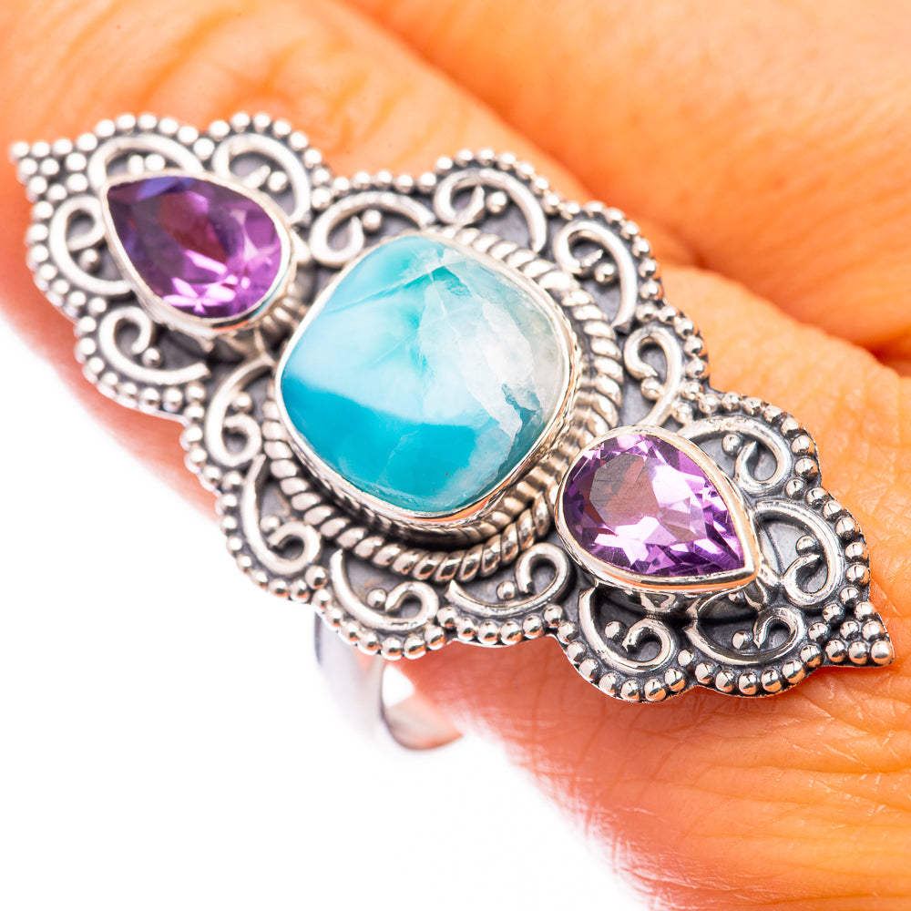 Large Larimar, Amethyst Ring Size 10.75 (925 Sterling Silver) R140962