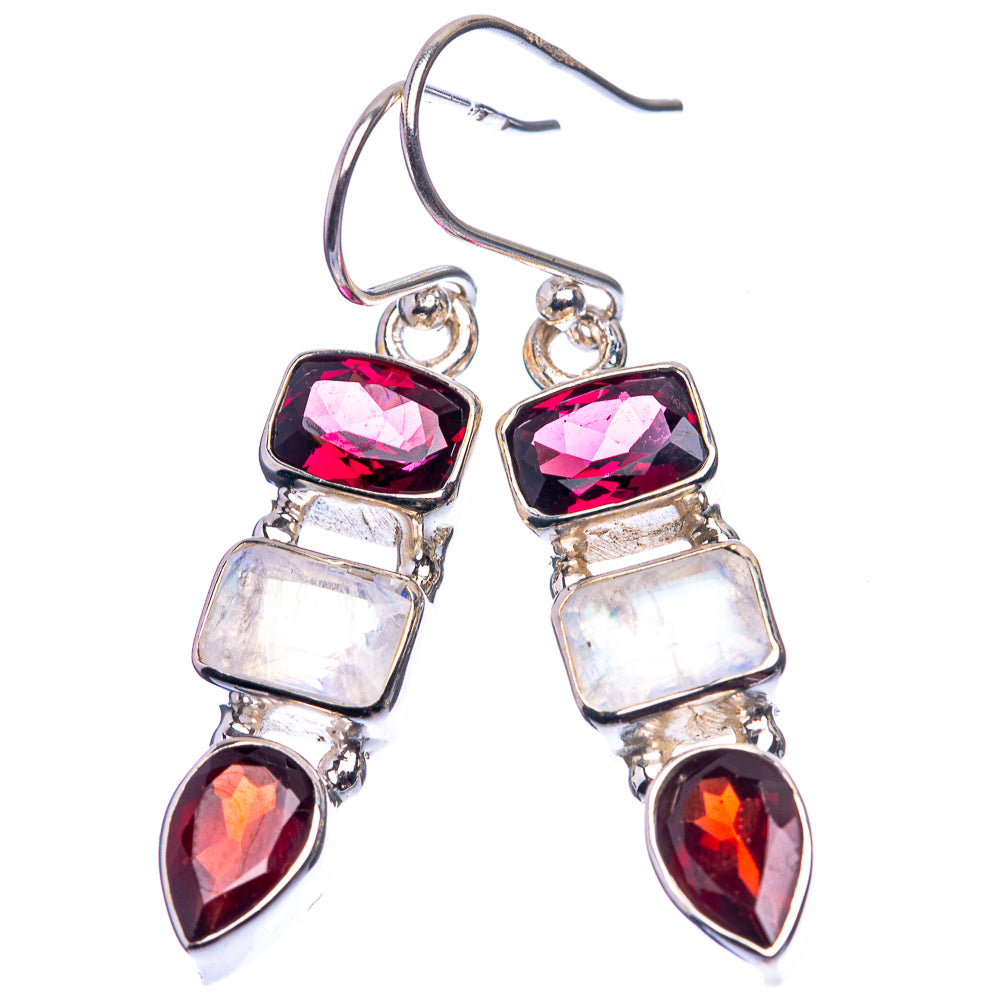 Rainbow Moonstone, Garnet Earrings 1 1/2" (925 Sterling Silver) E432421