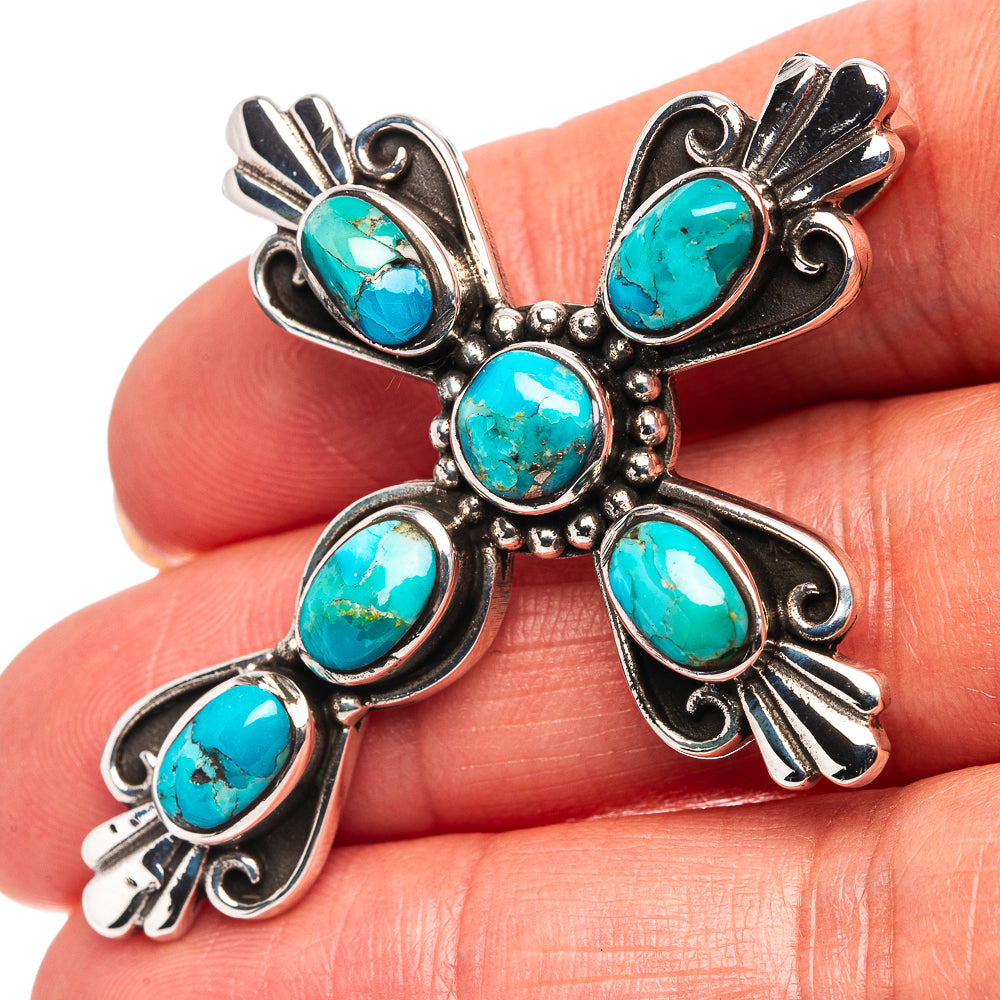 Native Style Mohave Turquoise Cross Pendant 2" (.925 Sterling Silver)