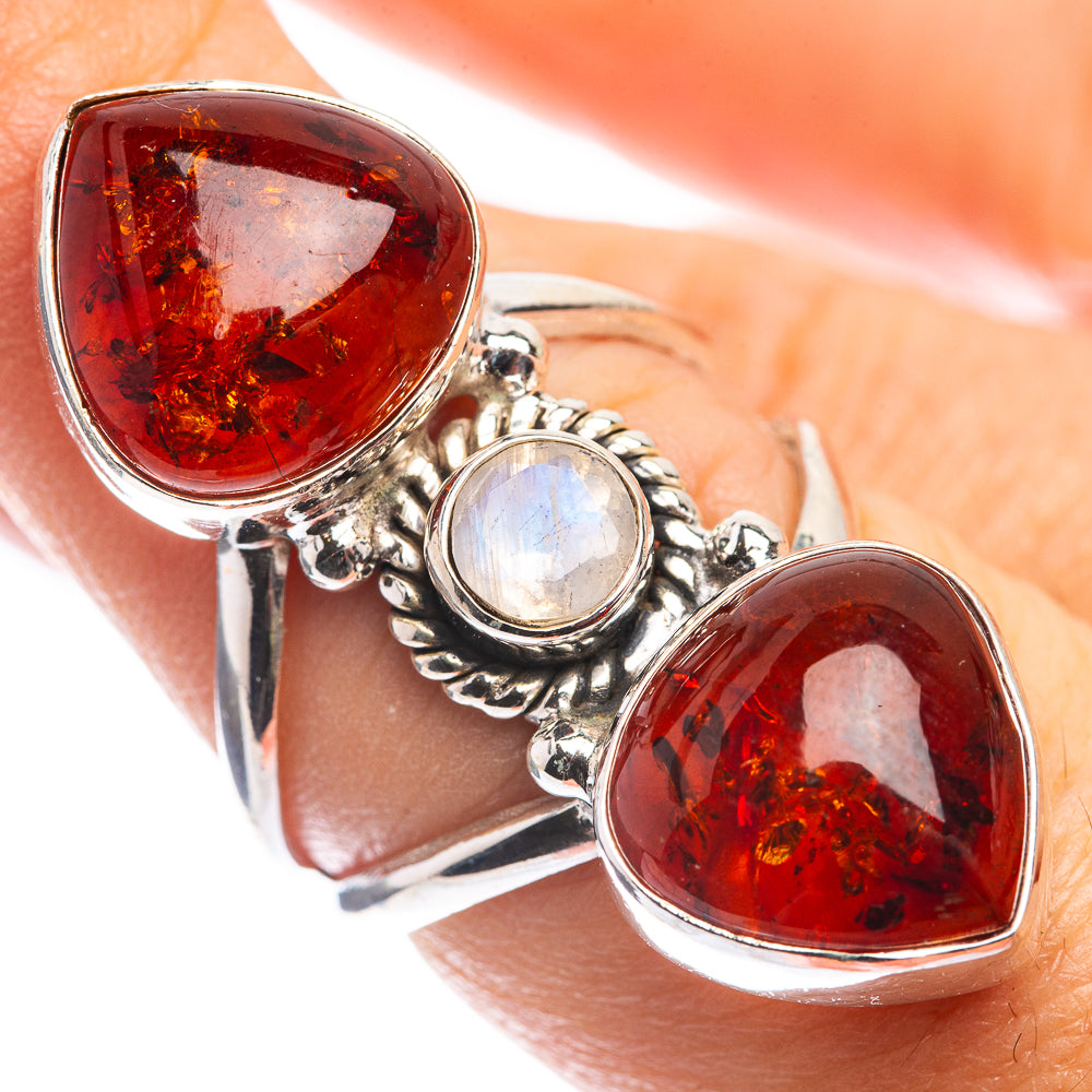 Large Baltic Amber, Rainbow Moonstone Ring Size 6.75 (925 Sterling Silver) RING143349