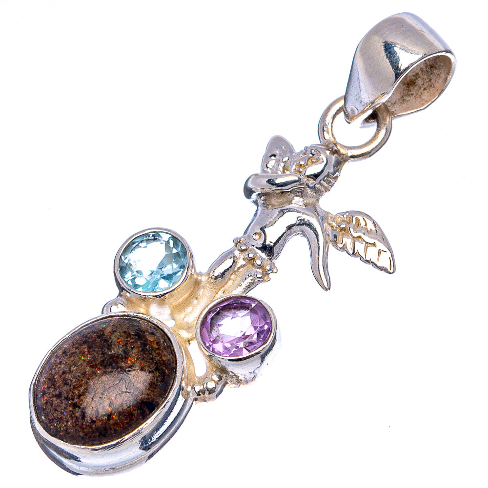 Rare Andamooka Opal Angel, Blue Topaz, Amethyst Pendant 1 5/8" (.925 Sterling Silver)