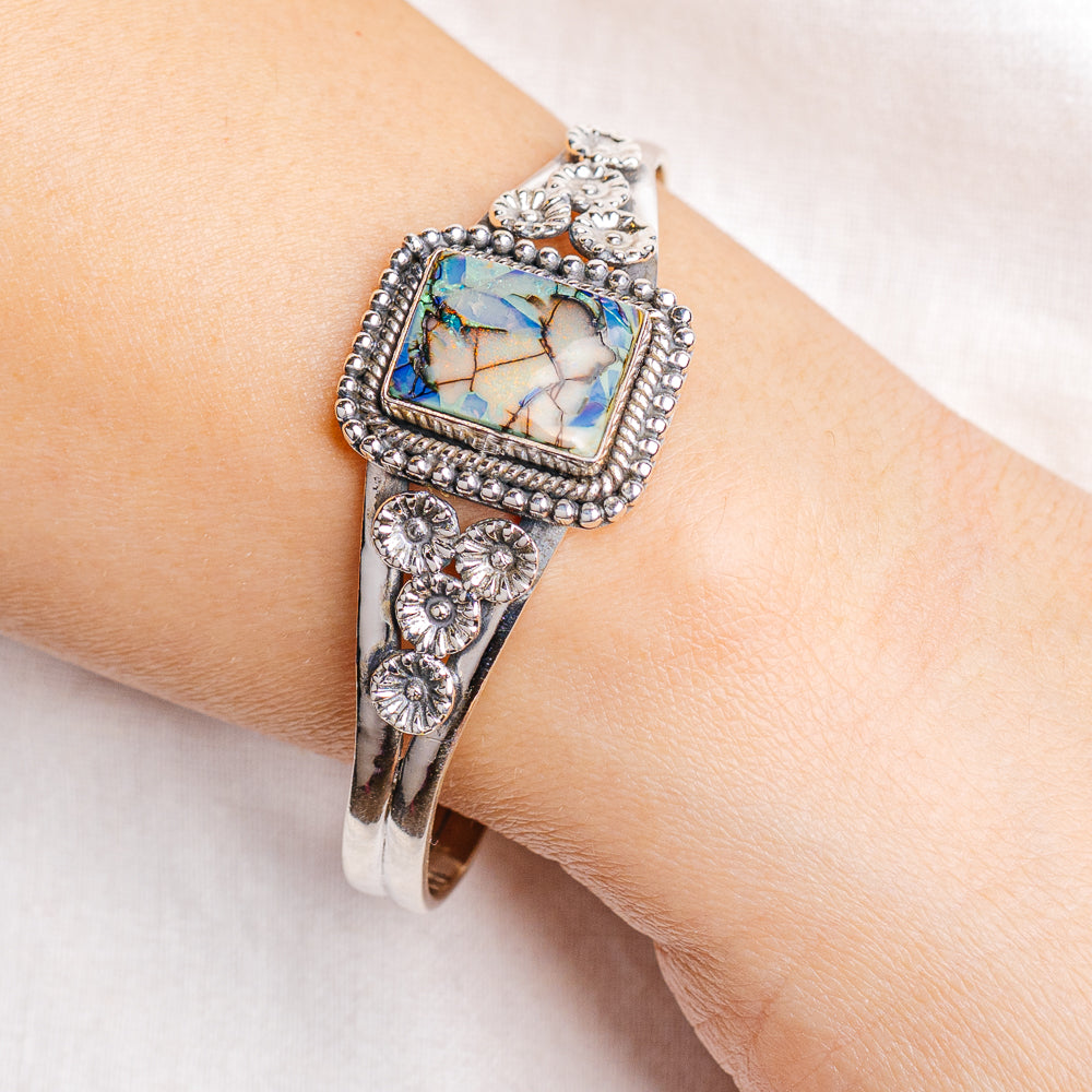 Sterling Opal Cuff Bracelet Adjustable (.925 Sterling Silver)