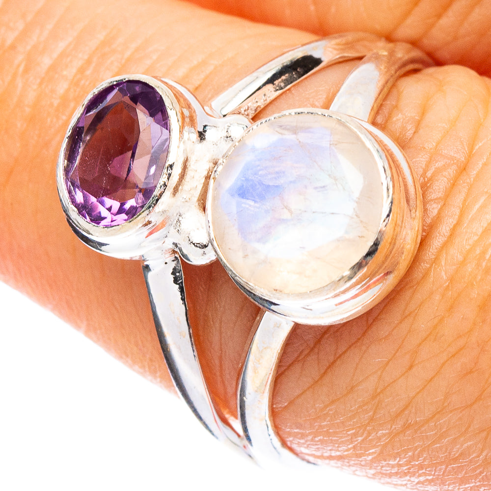 Rainbow Moonstone, Amethyst Ring Size 8.25 (925 Sterling Silver) R7911