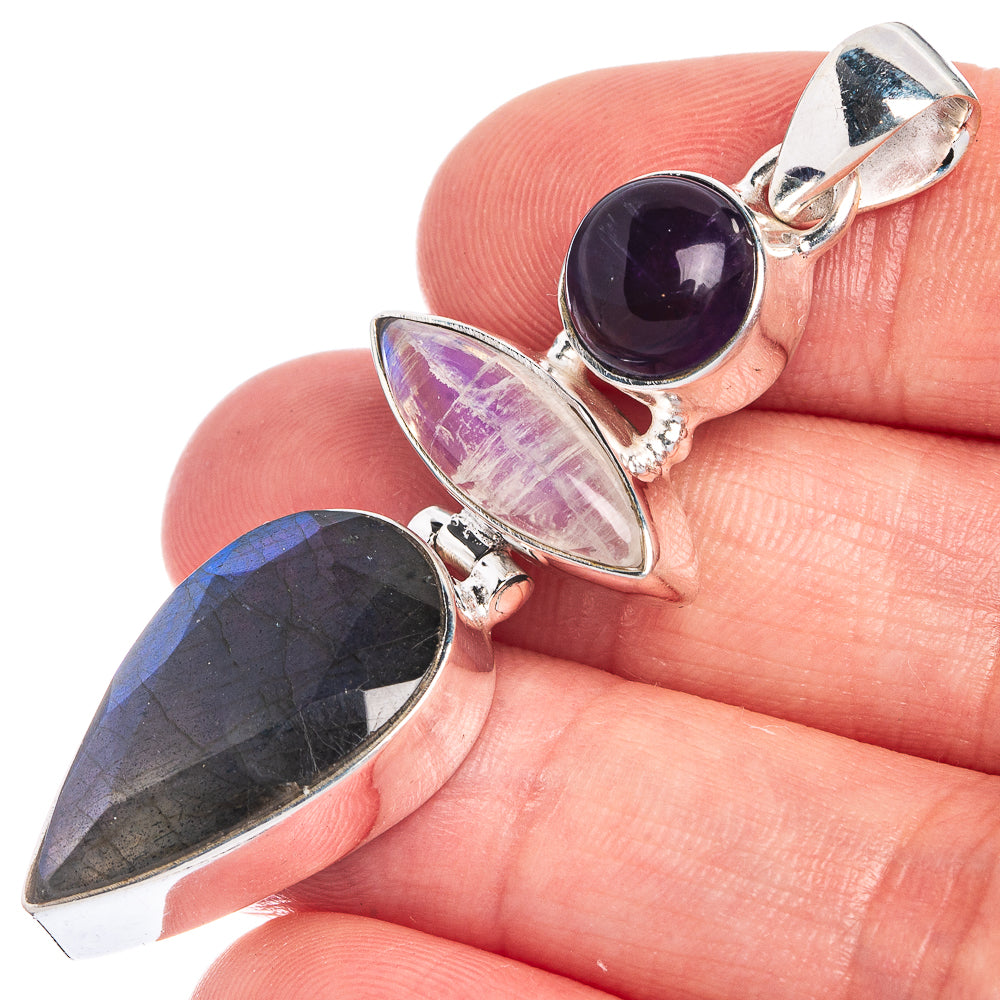 Labradorite, Rainbow Moonstone, Amethyst Pendant 2 1/8" (925 Sterling Silver) P39795