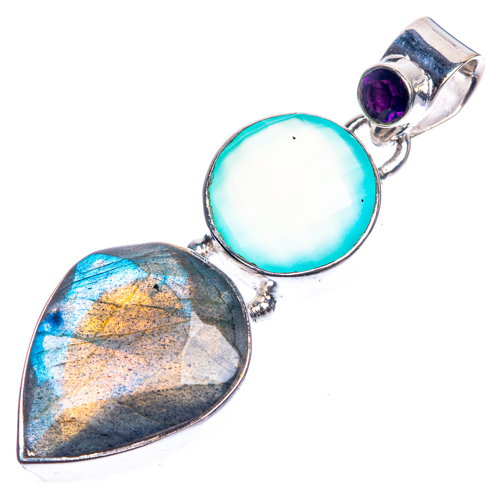 Labradorite, Aqua Chalcedony 925 Sterling Silver Pendant 1 3/4"