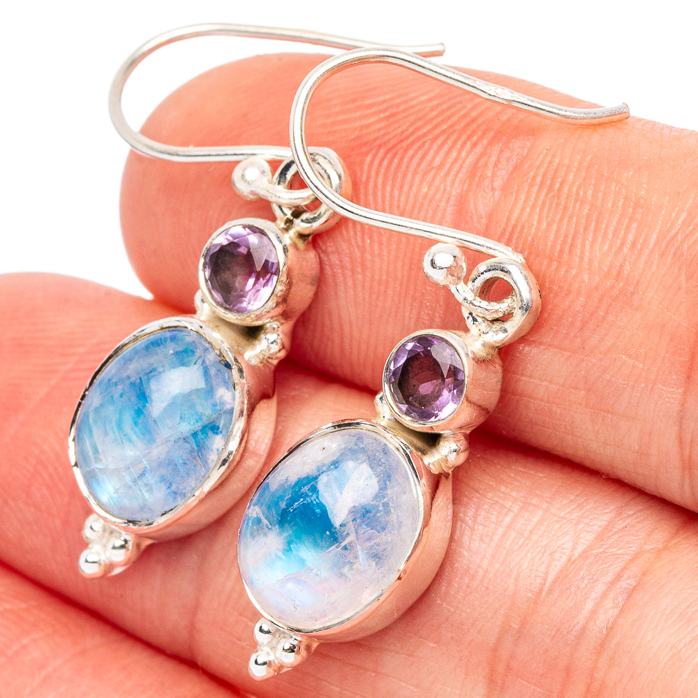 Rainbow Moonstone, Amethyst Earrings 1 3/8" (925 Sterling Silver) E2647