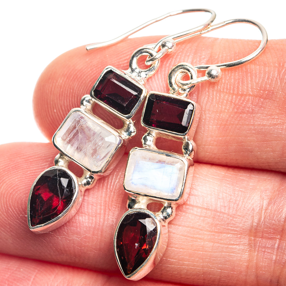 Rainbow Moonstone, Garnet Earrings 1 1/2" (925 Sterling Silver) E432716