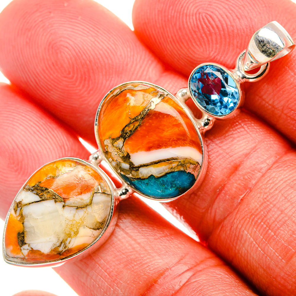 Spiny Oyster Turquoise, Blue Topaz Pendant 2 1/8" (925 Sterling Silver) PD37983